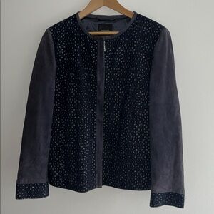 MAXMARA grey blue suede jacket with eyelet accents, size 10